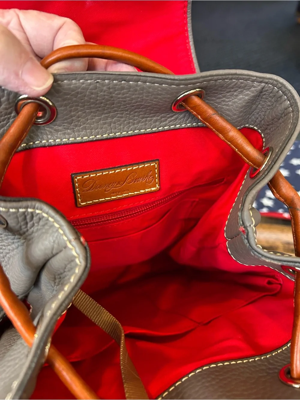 Women’s Taupe Leather Dooney & Bourke Small Backpack with Brown Tassel Accents